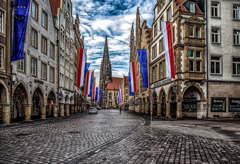Cobblestone Street with Church — Blue