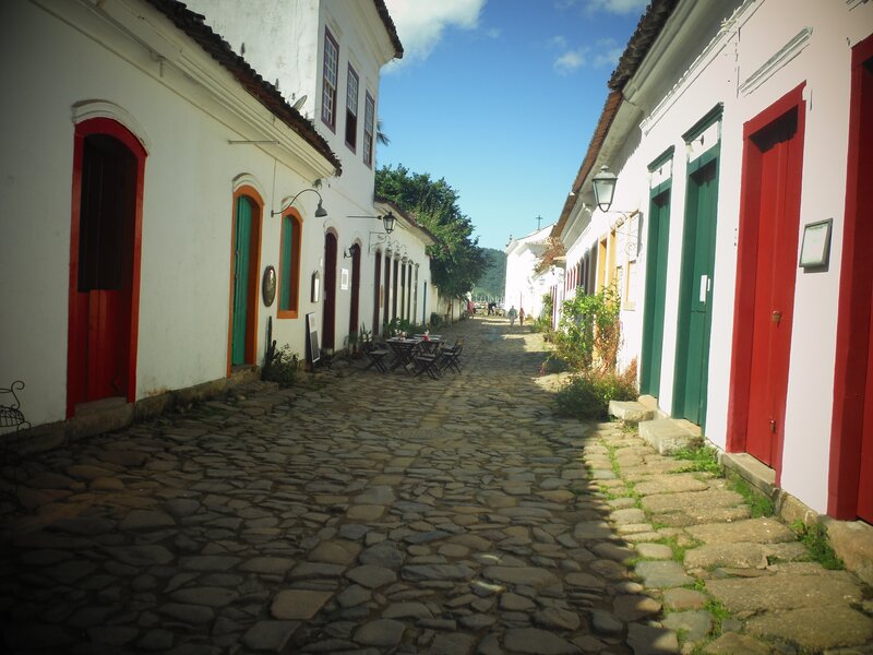 Cobblestone Street with Colonial Buildings — White
