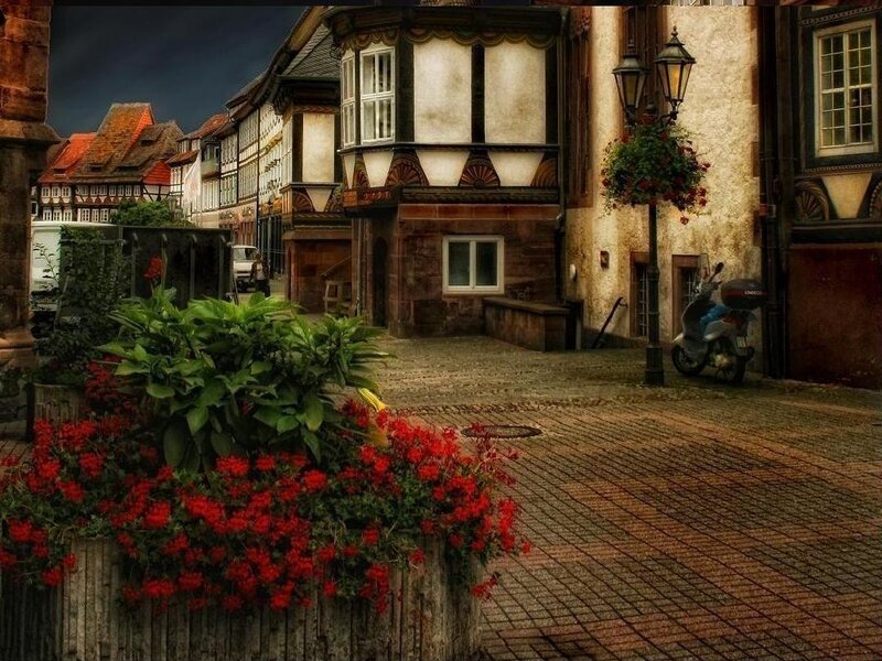 Cobblestone Street with Flowers — Red