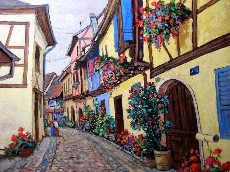 Cobblestone Street with Flowers — Yellow