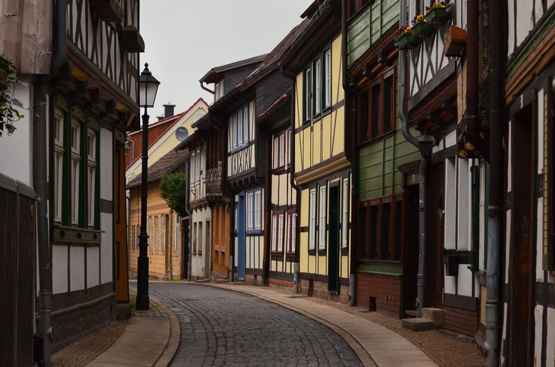 Cobblestone Street with Half-timbered Houses — Brown
