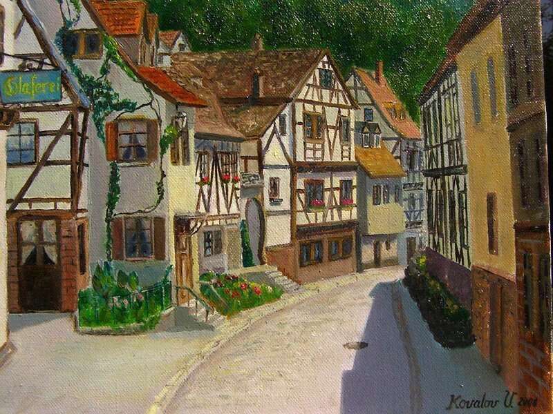Cobblestone Street with Half-timbered Houses — Green