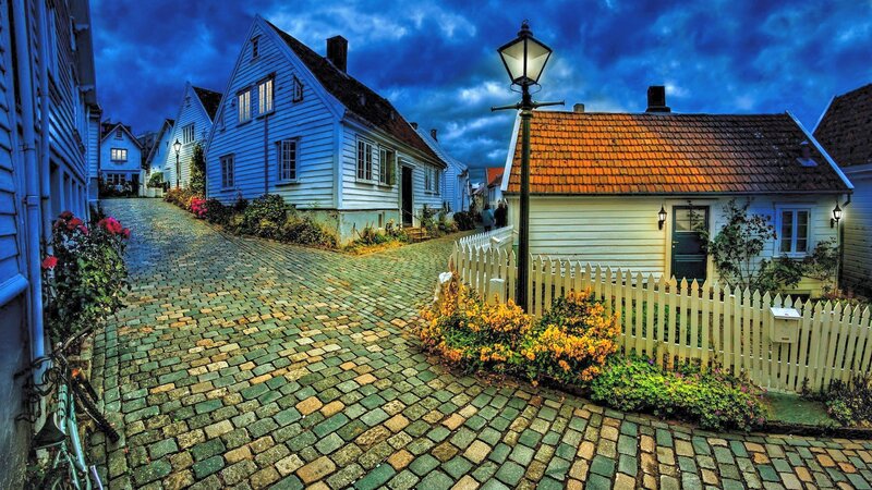 Cobblestone Street with Houses — Blue, Dramatic