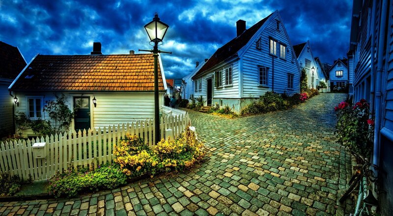 Cobblestone Street with Houses — Blue