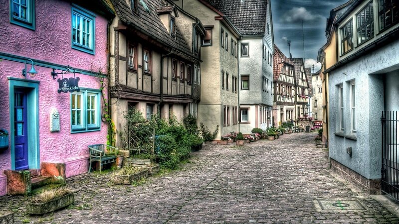 Cobblestone Street with Houses — Pink
