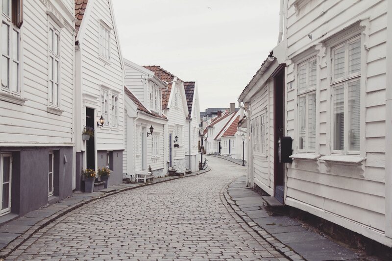 Cobblestone Street with Houses — White