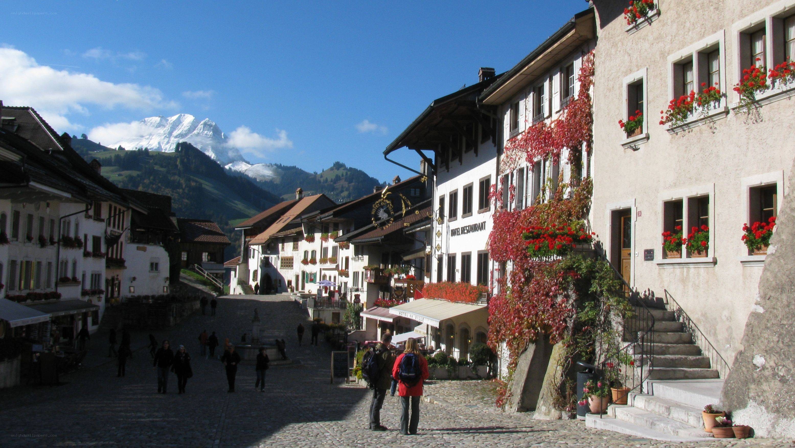 Cobblestone street with mountain view