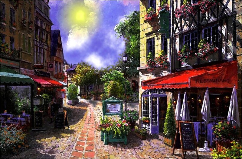 Cobblestone Street with Restaurants — Red
