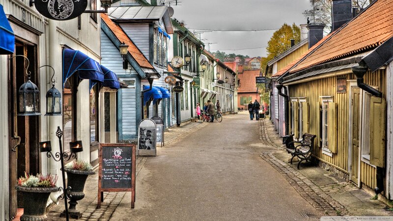 Cobblestone Street with Shops — Blue