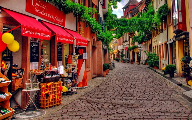 Cobblestone Street with Shops — Red, Peaceful