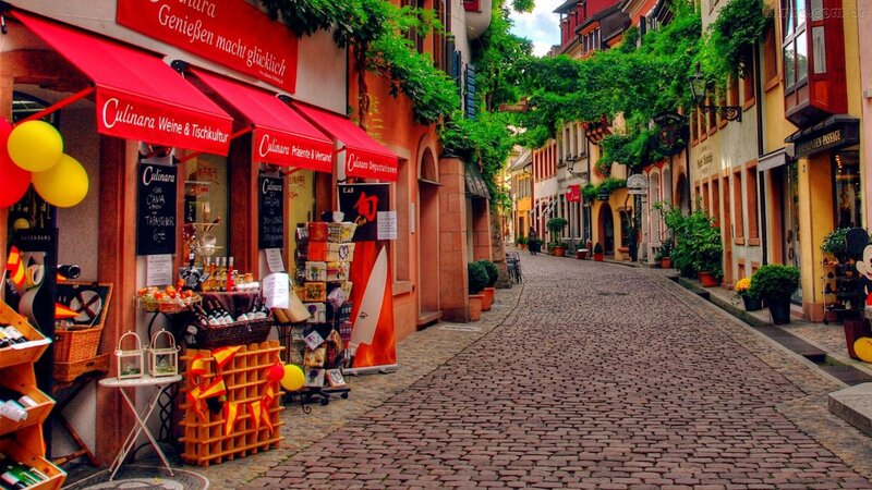 Cobblestone Street with Shops — Red