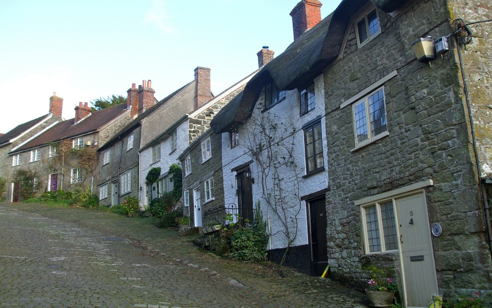 Cobblestone street with thatched cottages