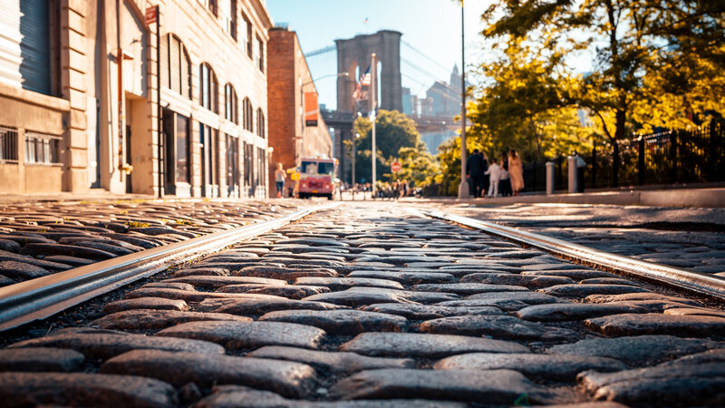 Cobblestone Street with Tracks — Brown, Serene