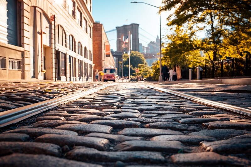 Cobblestone Street with Tracks — Brown