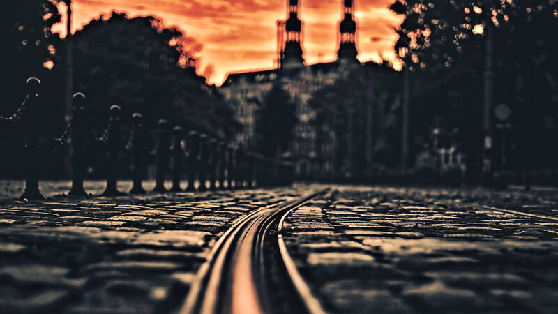Cobblestone Street with Tracks — Orange