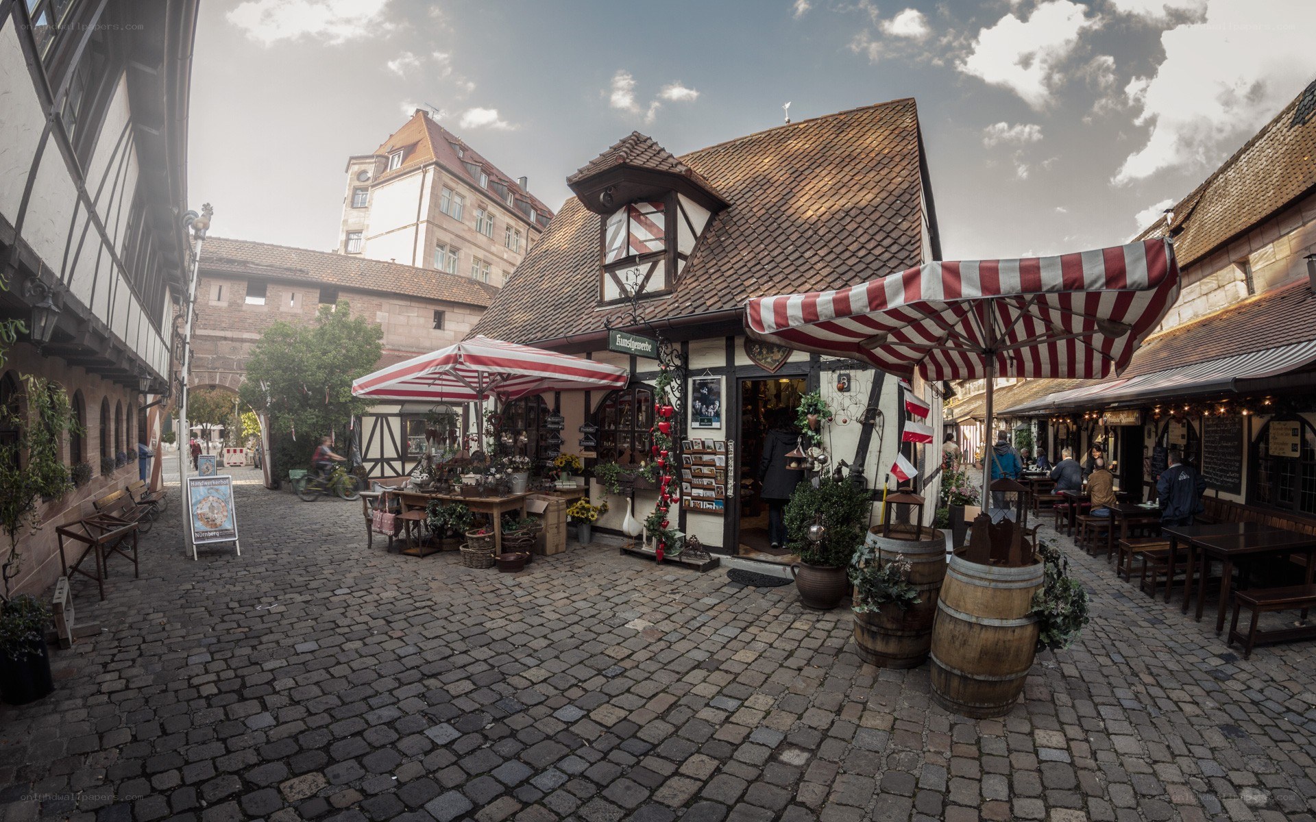 Cobblestone street with traditional shops