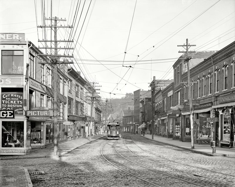 Cobblestone street with trolley