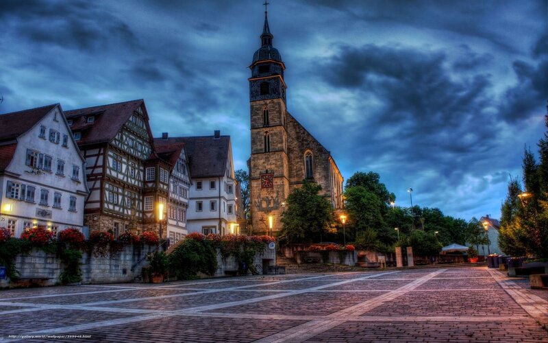 Cobblestone Town Square — Blue, Dramatic