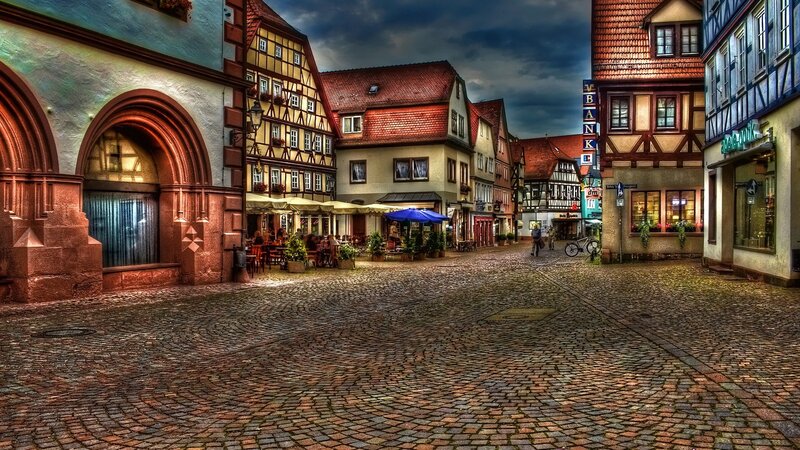 Cobblestone Town Square — Brown, Dramatic, Night