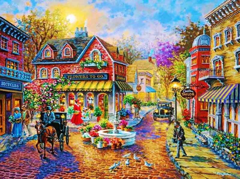 Cobblestone Town Street — Red, Cheerful