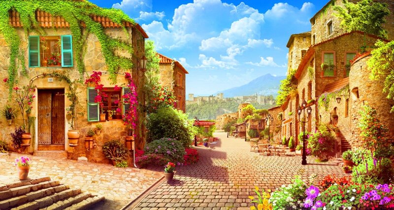 Cobblestone Village Street — Blue, Serene, Afternoon, Digital Art