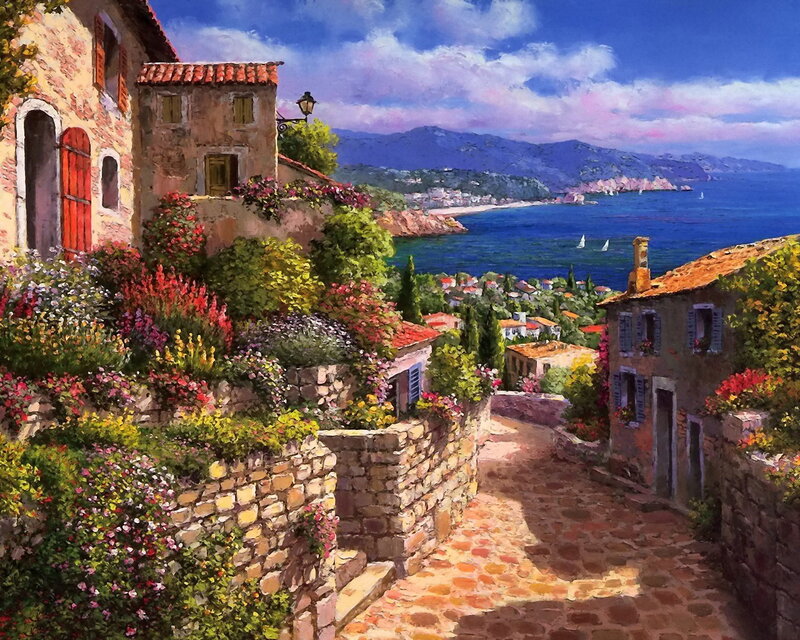 Cobblestone Village Street — Blue, Serene