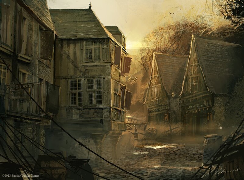 Cobblestone Village Street — Brown, Dramatic