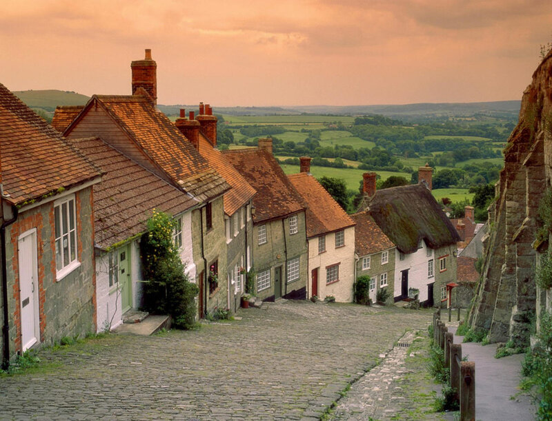 Cobblestone Village Street — Brown, Serene, Sunset, Photograph