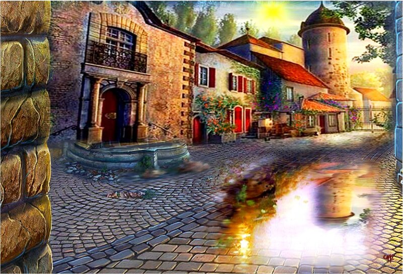 Cobblestone Village Street — Brown, Serene, Sunset