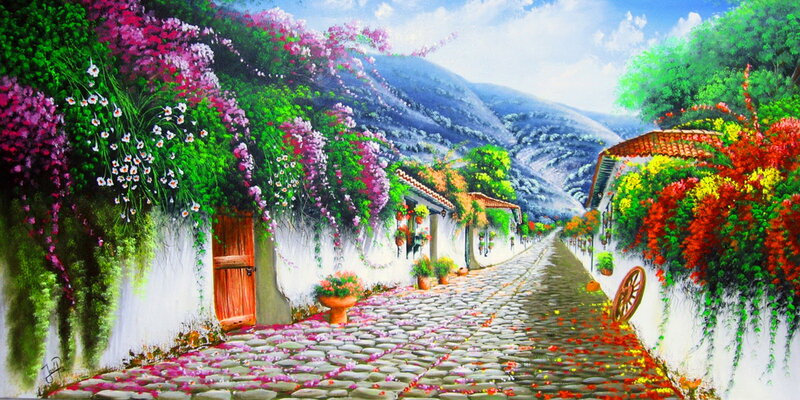 Cobblestone Village Street — Green, Serene