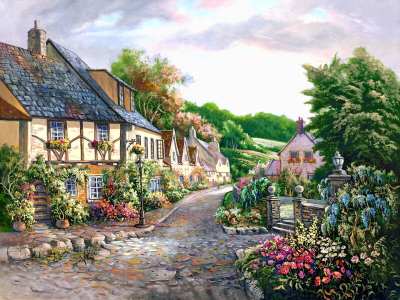 Cobblestone Village Street — Green