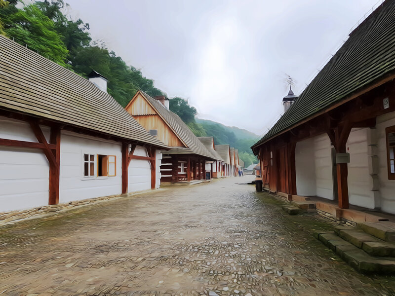 Cobblestone Village Street — White, Serene