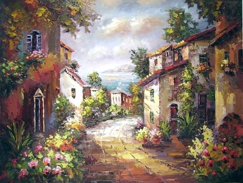 Cobblestone Village Street — Yellow, Serene
