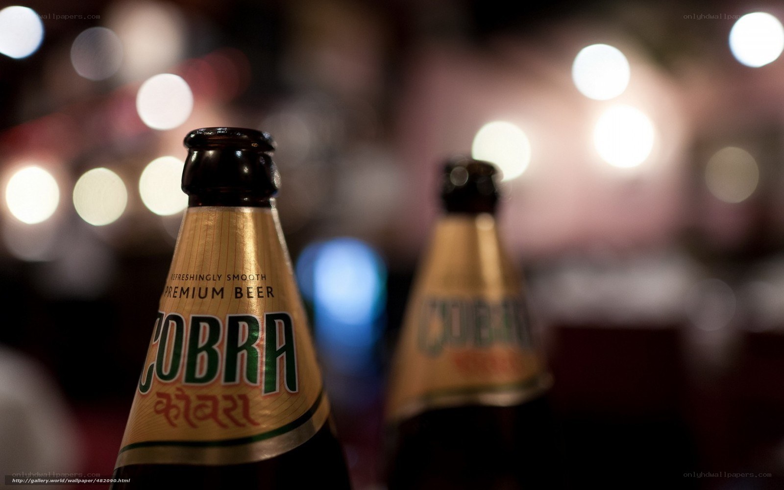 Cobra beer bottles in focus