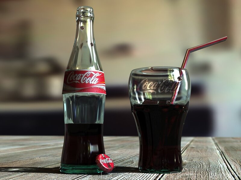 Coca-Cola Bottle and Glass — Brown, Calm, 3d Render, Straw, Wooden Table