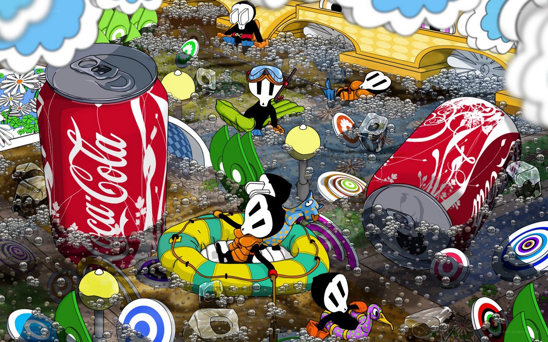 Coca-Cola cans in a cartoon scene