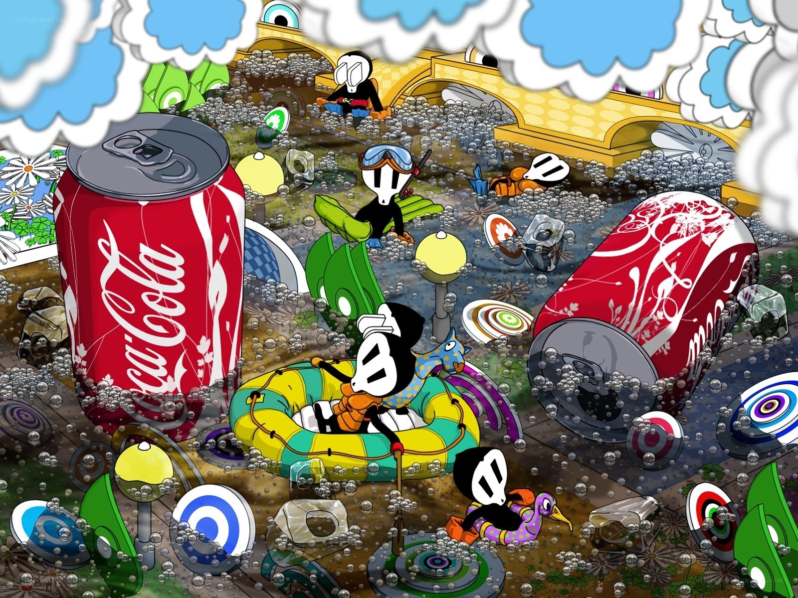 Coca-Cola cans in a cartoon world