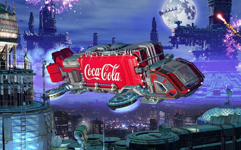 Coca-Cola spaceship in futuristic city