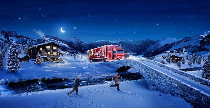 Coca-Cola truck in snowy village