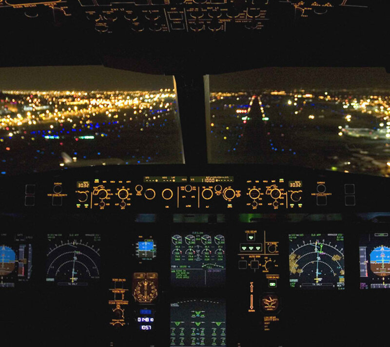 Cockpit view during night landing