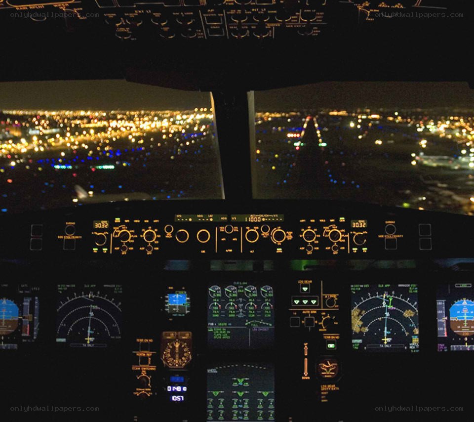 Cockpit view during night landing