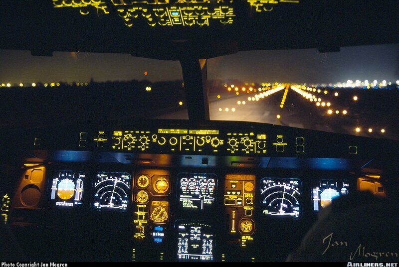 Cockpit view during night landing