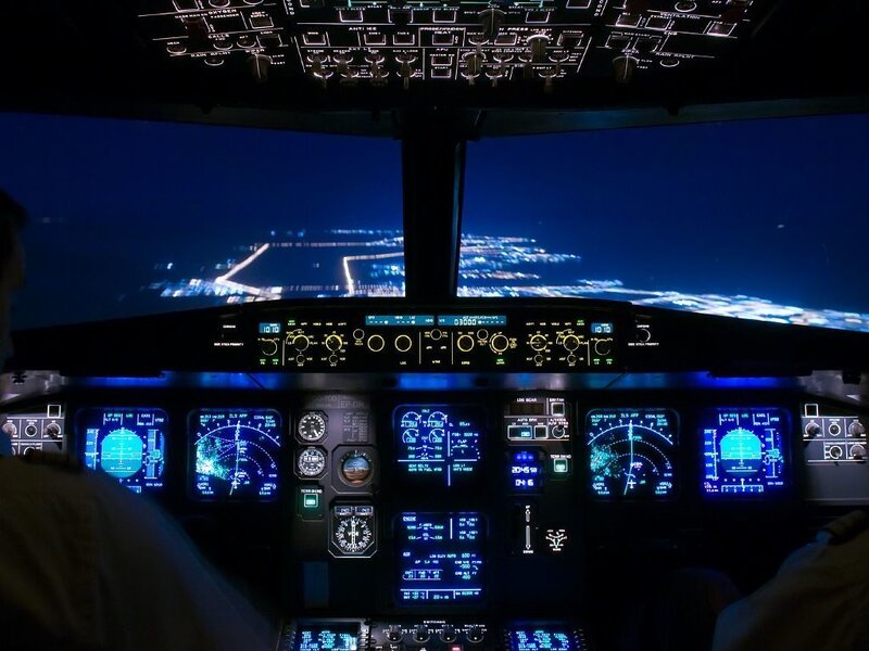 Cockpit view during night landing