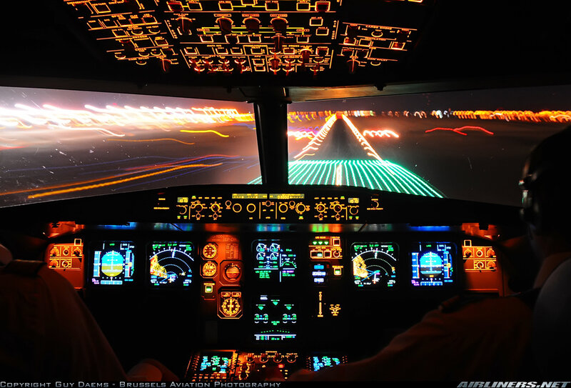 Cockpit view during night landing