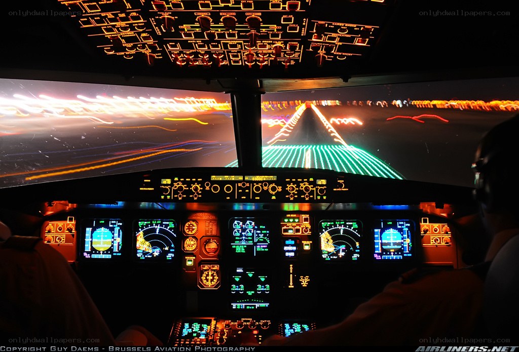 Cockpit view during night landing