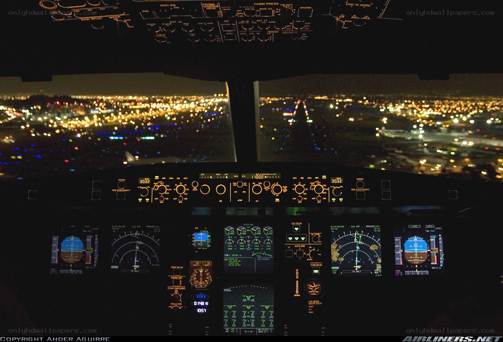 Cockpit view during nighttime landing