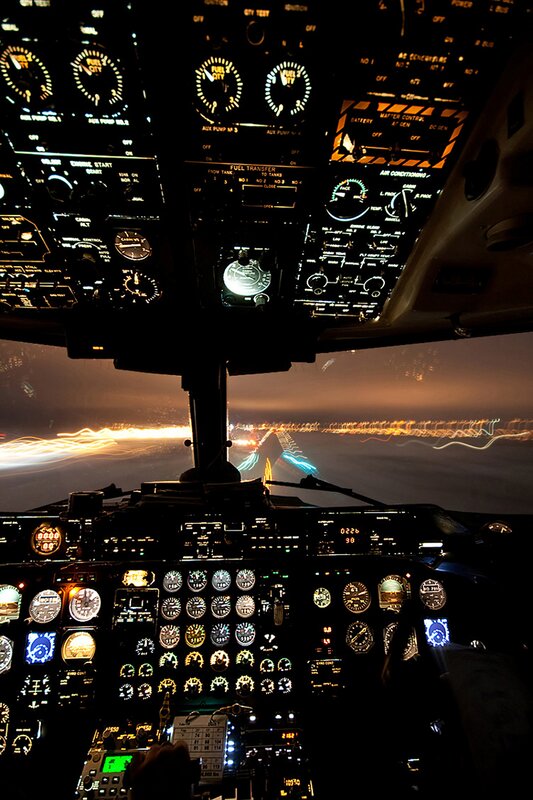 Cockpit view during nighttime landing
