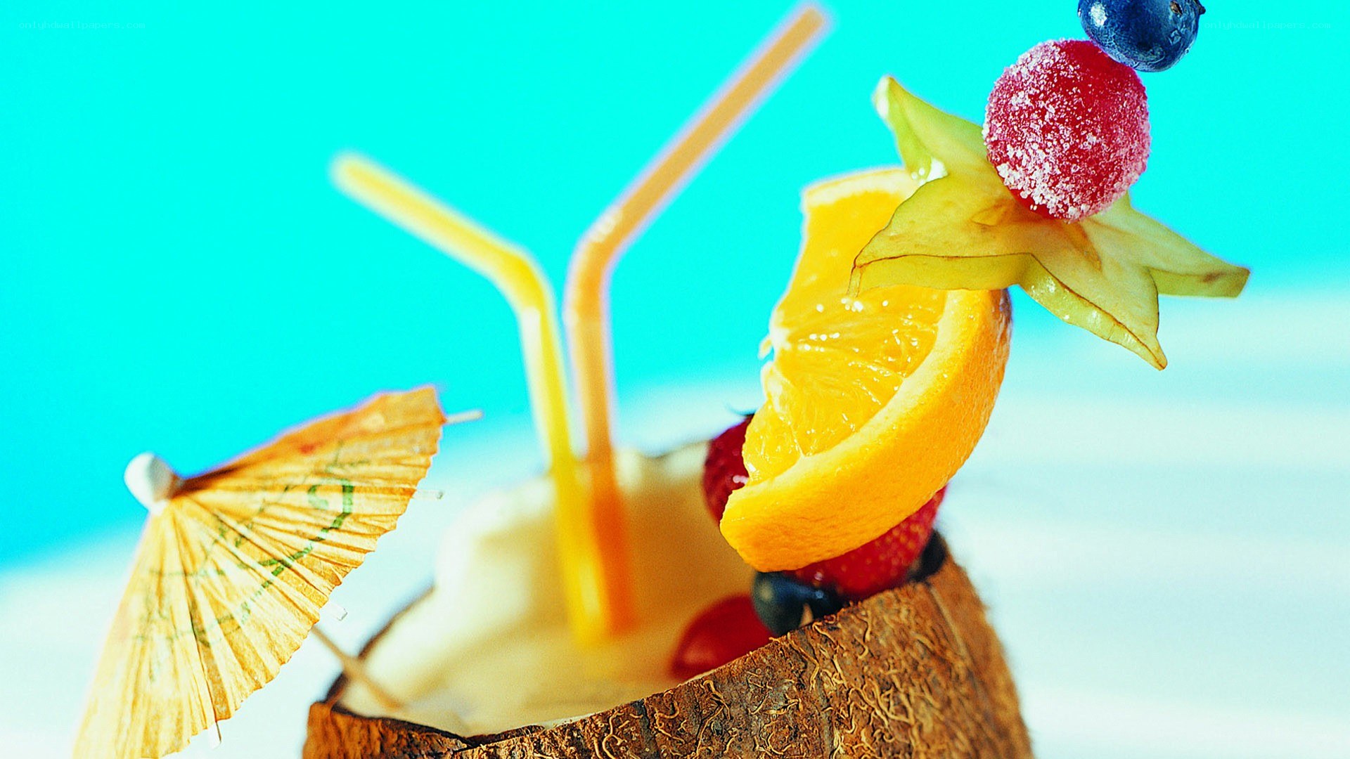 coconut drink with fruit garnish