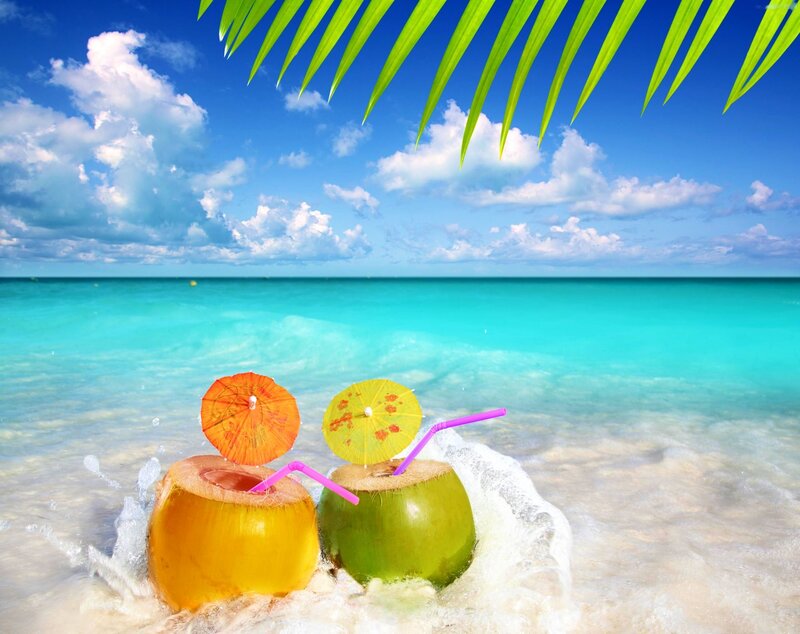 Coconut Drinks on Beach — Blue, Tropical, Afternoon