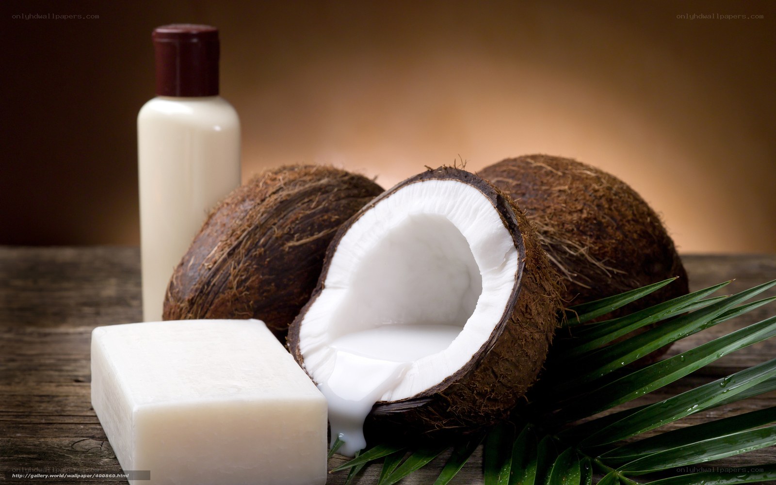 Coconut products on wooden surface